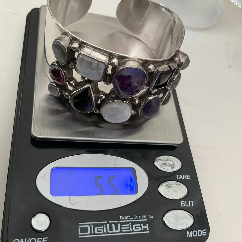 925 sterling silver cuff bracelet with 12 semi-precious stones